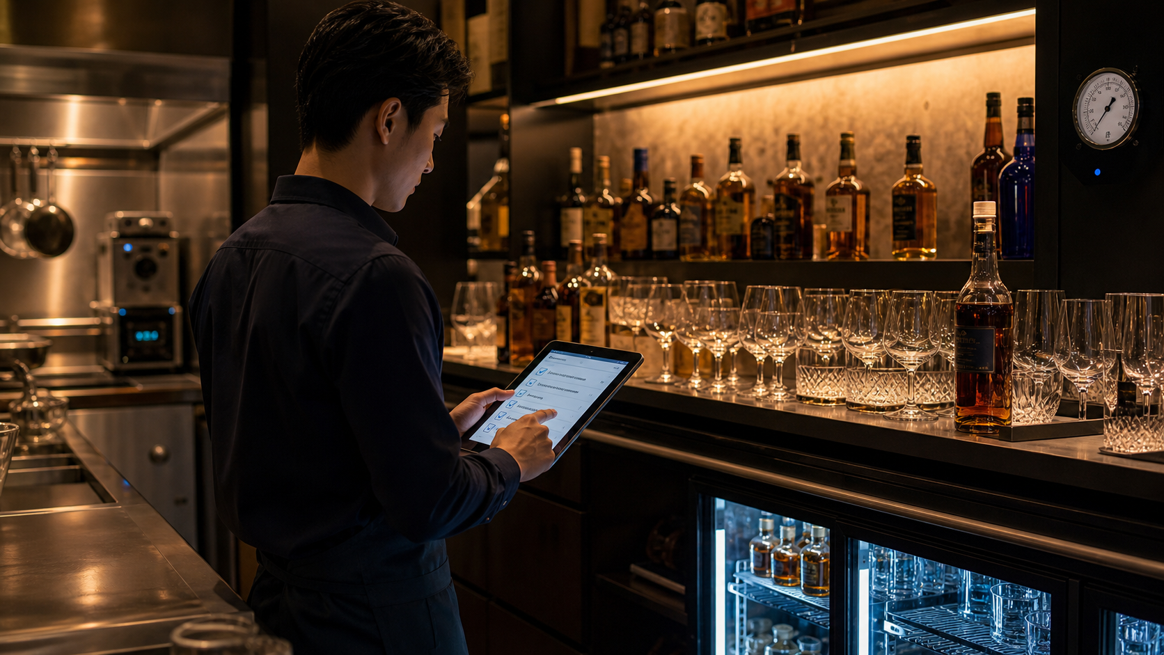 閉店後のバーで新人スタッフへ作業手順を教えるイメージ