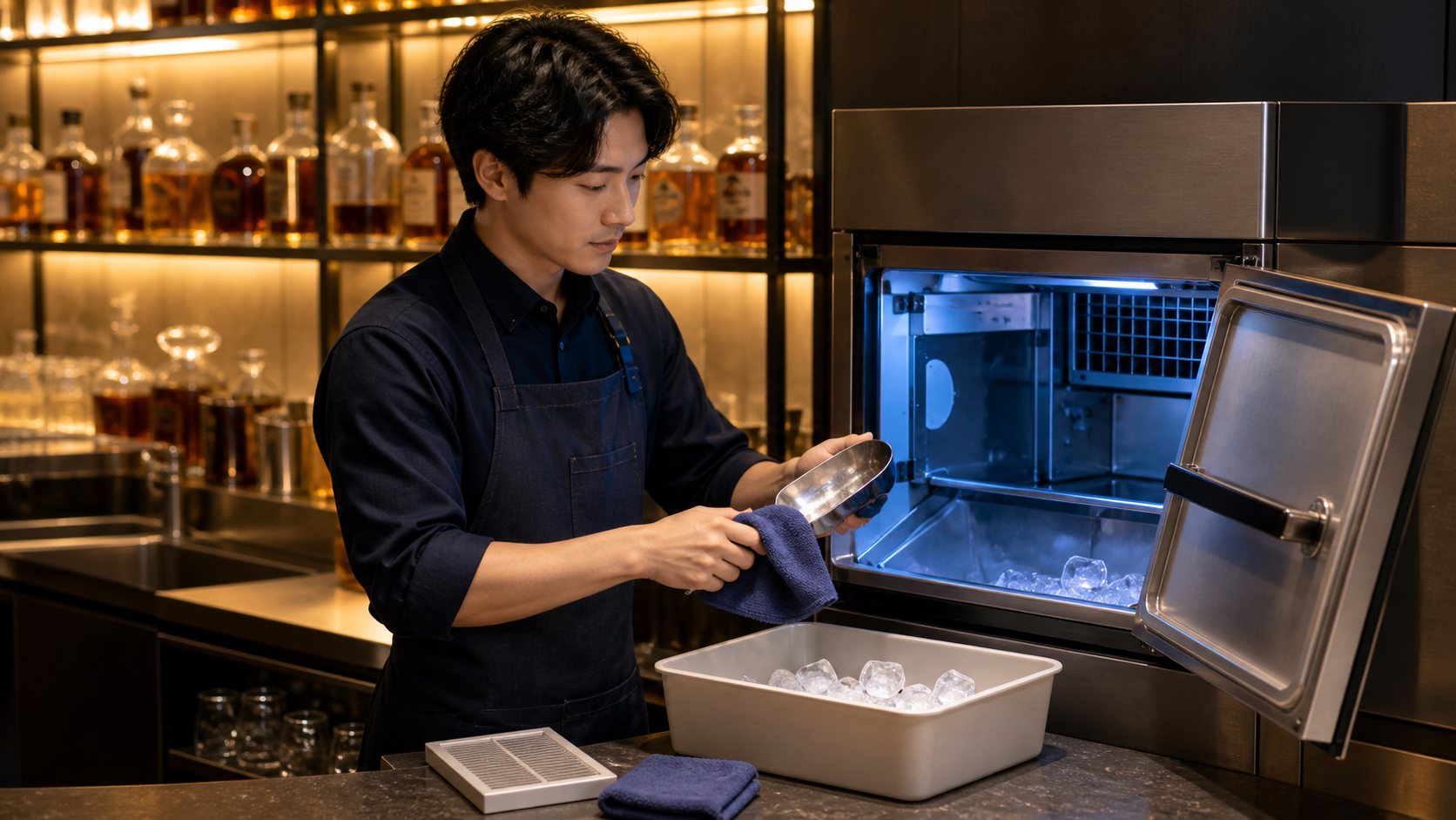 閉店後のバーで製氷機とアイススコップを清掃するイメージ