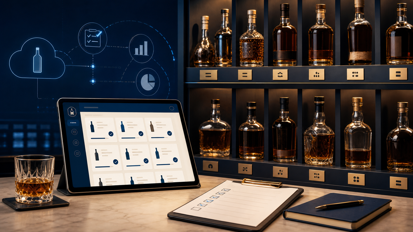 酒瓶の棚とタブレットを使って酒類棚卸しのアプリ移行を進めるイメージ