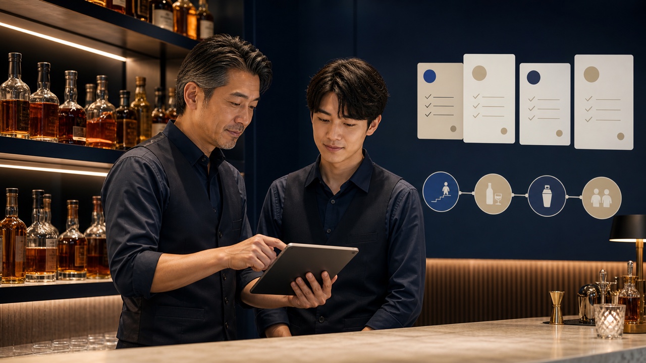 バーの先輩スタッフが新人へタブレットを使って業務を教えるイメージ