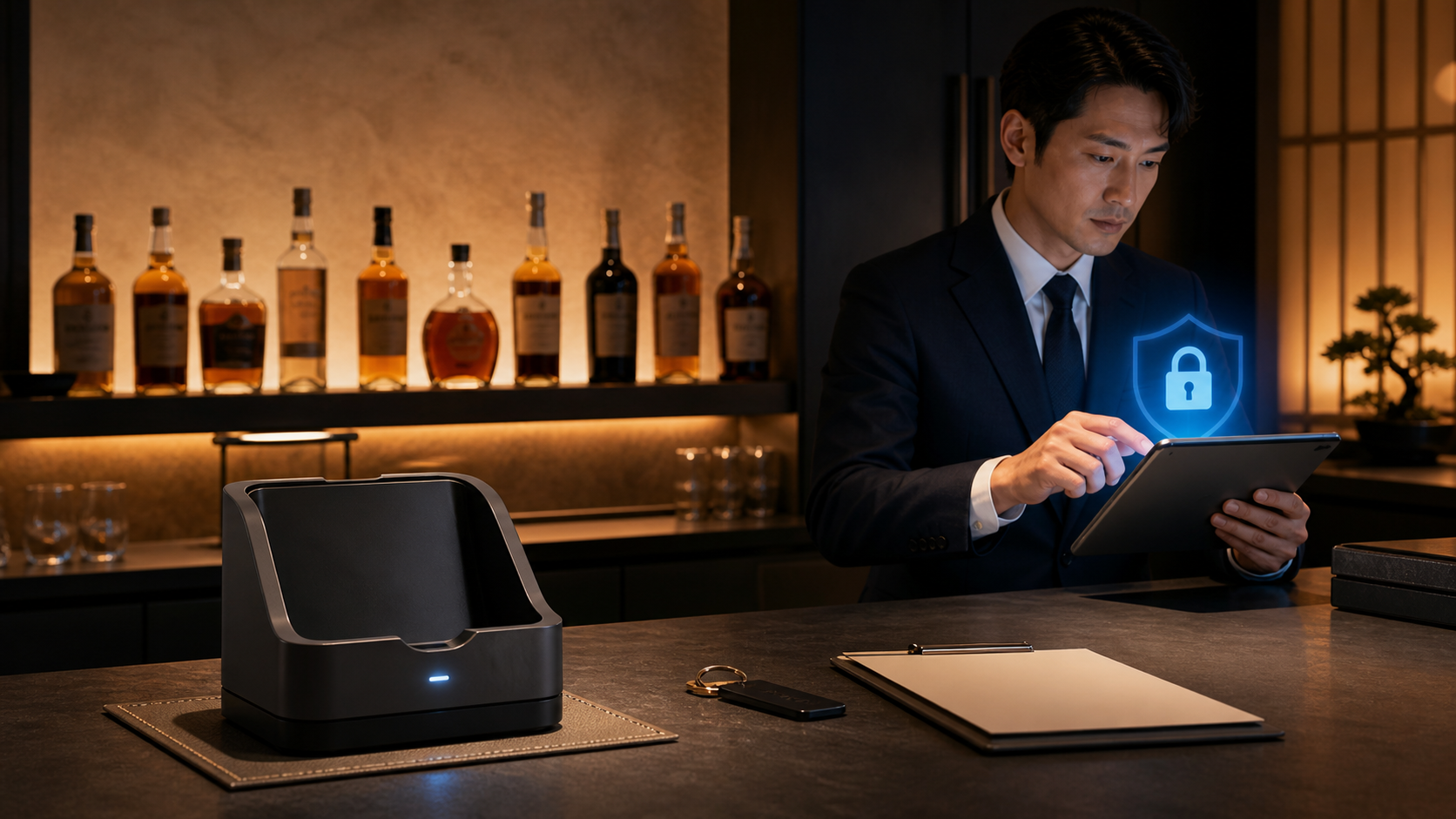 空の端末スタンドを前に管理者が店舗タブレットを遠隔保護するイメージ