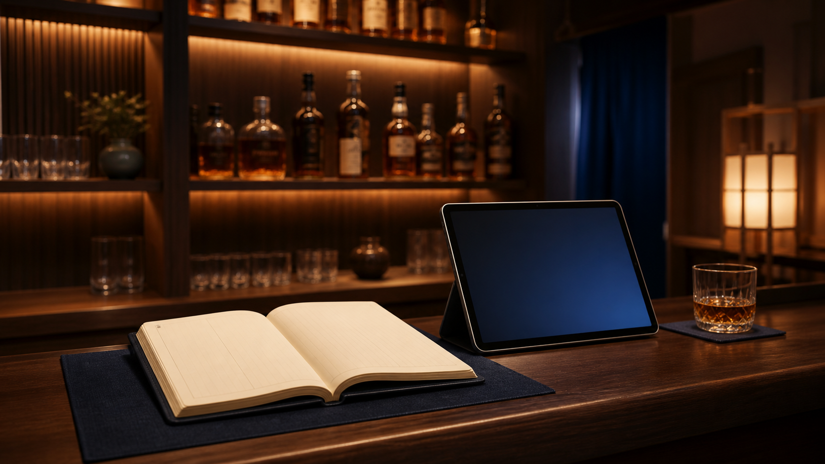 紙のノートとタブレットを並べてスナックの顧客台帳を作るイメージ
