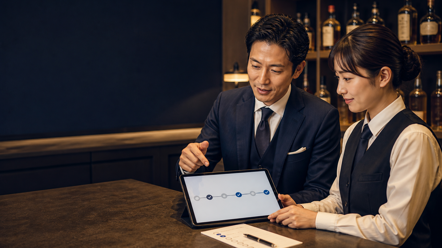 店舗管理者とスタッフが操作履歴を見ながら業務を振り返るイメージ